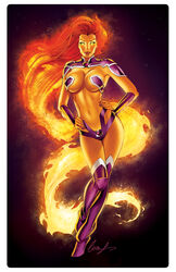 1girls boots breasts cleavage clothed dc dc_comics elias_chatzoudis female female_only glowing_eyes hand_on_hip koriand'r large_breasts long_hair navel new_52 orange_hair orange_skin panties red_hair skimpy solo standing starfire starfire_(comics) superheroine teen_titans wristband yellow_eyes