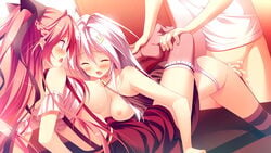 1boy 2girls anus bare_shoulders blush breasts censored closed_eyes cum cum_in_pussy game_cg hair_ornament hair_ribbon kanojo_ga_ore_ni_kureta_mono._ore_ga_kanojo_ni_ageru_mono. kojima_neneko long_hair multiple_girls nabekane_tsubasa nipples onomatope open_mouth ornament purple_eyes purple_hair pussy red_hair ribbon sex shiratama small_breasts striped striped_legwear tagme vaginal_penetration