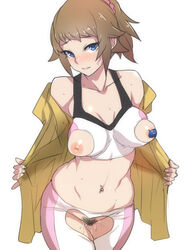 areola areolae ban bike_shorts blue_eyes breasts brown_hair censored crotchless_pants female gundam gundam_build_fighters gundam_build_fighters_try heart_cutout hoshino_fumina inverted_nipples jacket large_breasts looking_at_viewer midriff navel navel_piercing nippleless_clothes nipples open_clothes open_jacket pasties piercing ponytail pubic_hair pussy_juice solo sports_bra sweat tank_top thigh_gap tied_hair torn_clothes