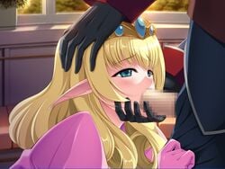 1girls andou_tomoya blonde_hair blue_eyes blush cecil_calvert censored crown dress elf fellatio female game_cg gloves hand_on_head highres himekishi_olivia inoino laura_elfinrine long_hair nakano_sora oral penis pointy_ears standing