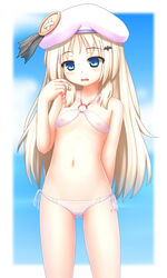 arm_behind_back bat bikini blue_eyes blush bow cameltoe cute_fang erect_nipples female hair_ornament hairclip hat highres kazumi_(syoki4230) little_busters! long_hair looking_at_viewer nipples noumi_kudryavka open_mouth see-through silver_hair sky solo swimsuit