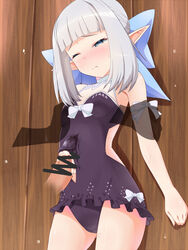 against_wall battlegaregga blue_eyes blush censored character_request cum cum_on_body cum_on_clothes frottage one-piece_swimsuit penis pointy_ears restrained ribbon short_hair silver_hair swimsuit torn_clothes torn_swimsuit wince