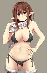 1futa bar_censor bikini black_bikini blush breasts censored fur_trim futa_only futanari hand_on_hip intersex large_breasts mound_of_venus navel penis pointy_ears precum red_eyes scarf side-tie_bikini solo solo_futa sweat swimsuit teterun thighhighs