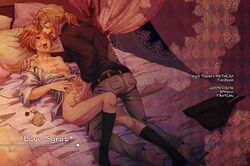 2boys ahoge axis_powers_hetalia bed belt black_legwear blush bottomless canada_(hetalia) copyright_name cover cover_page dated doujin_cover france_(hetalia) francis_bonnefoy gay handjob kneehighs male matthew_williams multiple_boys one_eye_closed open_mouth penis purple_eyes ruko_(blue-wish) short_hair suggestive_fluid tears yaoi