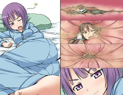 1boy 1girls anal anal_vore anus ass bed breasts brown_eyes brown_hair dominant_female female giantess goggles goggles_on_head inside_view internal internal_view light-skinned_female light-skinned_male light_skin looking_back macro male medium_breasts ochiko_terada pajamas pillow purple_eyes purple_hair short_hair smug struggling tight_clothes unwilling_prey vore willing_pred