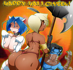 1boy 2girls amazon_(dragon's_crown) amazon_(dragon's_crown)_(cosplay) armlet ass axe blonde_hair blue_skin breasts capcom cat catgirl circlet cleavage closed_eyes collar cosplay crossover curvy dark-skinned_female dark_skin darkstalkers dat_ass dragon's_crown fangs felicia_(darkstalkers)_(cosplay) feline female gloves gmeen hair_over_one_eye halloween horns huge_breasts incubus large_breasts legacy_of_kain lili_(gmeen) looking_back mask open_mouth pose raziel red_eyes short_hair smile tal_(gmeen) thong vanillaware violet_(gmeen) weapon