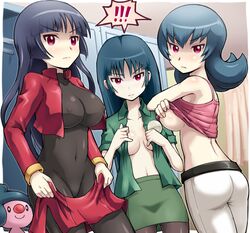 3girls black_hair bodysuit female female_only fully_clothed human looking_at_viewer mime_jr. multiple_girls pantyhose pokemoa pokemon red_eyes sabrina_(pokemon) sabrina_(pokemon_hgss) undressing
