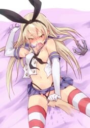 anchor_hair_ornament bed_sheet black_panties blonde_hair blush breast_slip collarbone covering covering_crotch cute elbow_gloves embarrassed female fingering fu-ta full_body gloves hairband heavy_breathing highleg highleg_panties kantai_collection long_hair looking_at_viewer lying microskirt navel neckerchief nipples on_back on_bed one_breast_out open_clothes open_mouth open_shirt panties panties_aside petite pleated_skirt pov pov_hands pussy pussy_juice sailor_collar saliva shimakaze_(kantai_collection) skirt sweat thighhighs thong underwear very_long_hair yellow_eyes young