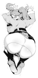 all_fours anus ass blush bottomless censored gundam gundam_build_fighters gundam_build_fighters_try looking_back monochrome orushibu pussy sazaki_kaoruko top-down_bottom-up torn_clothes