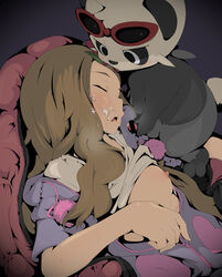 areolae breasts breasts_out brown_hair censored closed_eyes cum facial female human jacket long_hair nintendo nipples pajamas pancham penis pokemon pokemon_xy pokephilia serena_(pokemon) shi_yusu sleeping small_breasts