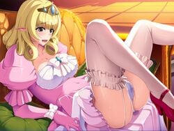 1girls andou_tomoya ass blonde_hair blue_eyes blush breasts dress elf female game_cg garter_straps high_heels highres himekishi_olivia inoino large_breasts laura_elfinrine legs long_hair lying nakano_sora open_mouth panties pointy_ears pussy_juice pussy_juice_stain saliva solo sweat thighhighs thighs underwear wet_panties