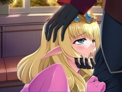 1boy 1girls andou_tomoya blonde_hair blue_eyes blush cecil_calvert censored crown cum cum_in_mouth deepthroat dress elf fellatio female game_cg gloves hand_on_head highres himekishi_olivia inoino laura_elfinrine long_hair nakano_sora oral penis pointy_ears standing