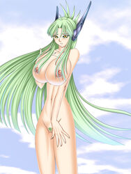 bangs blush breasts cloud green_hair large_breasts long_hair nipples nude pubic_hair pussy sky tagme takashimashou uncensored yellow_eyes