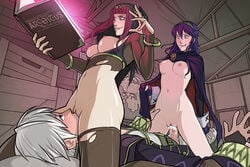 1boy 2girls biting_lip black_hair blue_hair blush bodystocking bodysuit book bottomless breasts bridal_gauntlets cape clothed_sex clothing cowgirl_position cum cum_in_pussy cum_inside cunnilingus facesitting female femdom ffm_threesome fire_emblem fire_emblem_awakening functionally_nude functionally_nude_female human long_hair lucina_(fire_emblem) male multiple_girls navel nintendo nipples no_bra no_panties oral orgasm penetration penis pussy reverse_spitroast robin_(fire_emblem) robin_(fire_emblem)_(male) sex short_hair smile straight tharja_(fire_emblem) thighhighs threesome torn_bodysuit torn_clothes uncensored vaginal_penetration zet13