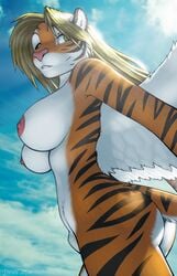 1futa 2014 anthro areola ass azazial big_areola big_ass big_breasts blonde_hair breasts cloud dickgirl feline fully_sheathed fur furry futa_only futanari green_eyes hair intersex long_hair mammal nipples nude pink_nose sheath sideboob sky solo stripes strype tiger underboob wings