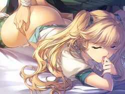 areolae ass bed blonde_hair breast_press breasts busou_shoujotai_blade_briders closed_eyes female game_cg highres hoshii_natsumi long_hair lying medium_breasts min-naraken nipples on_stomach open_mouth panties panties_around_leg school_uniform sex skirt tears tied_hair twintails underwear vaginal_penetration