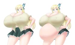 before_and_after big_belly blonde_hair blue_eyes boku_wa_tomodachi_ga_sukunai breasts butterfly_hair_ornament cleavage clothing comparison expansion female fully_clothed hair_ornament hand_on_hip huge_breasts human large_breasts long_hair looking_at_viewer pale_skin pregnant ready_to_pop saburox sena_kashiwazaki skirt thick_thighs