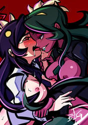 2girls assertive big-d biting black_hair breast_press breasts breasts_out crying crying_with_eyes_open dark-skinned_female dark_nipples dark_skin female femdom filia_(skullgirls) fukua_(skullgirls) green_hair green_lipstick highres interracial large_breasts lipstick living_hair makeup multi_mouth multiple_girls nipples samson_(skullgirls) shamone_(skullgirls) skullgirls tears tongue tongue_out wrist_grab yuri