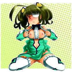 ahoge areolae blush breasts breasts_out clothing exhibitionism eye_patch female full_body green_hair kneeling necktie nipples orange_eyes otomedius small_breasts spread_legs stockings thighhighs tita_nium