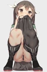 aida_takanobu anus ass asymmetrical_legwear brown_eyes brown_hair censored female hair_ribbon kantai_collection looking_away no_panties pussy ribbon single_elbow_glove single_thighhigh skirt skirt_lift solo squatting thighhighs tied_hair tone_(kantai_collection) twintails