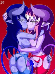 2demons blue_body blue_hair blue_skin breasts closed_eyes coral_the_succubus_(sirjzau) demon_girl demon_tail huge_ass kissing lesbian pearl_the_succubus_(sirjzau) purple_body purple_hair purple_skin sirjzau succubus yuri