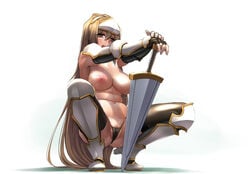 :d areola armor armpits bangs belly black_gloves black_legwear black_panties blonde_hair blush boots breasts brown_eyes brown_hair cameltoe detached_sleeves elbow_gloves fat_mons female fingerless_arm_sleeves fingerless_gloves forehead_protector full_body gloves greaves hair_between_eyes half-closed_eyes hand_on_hilt hands_together happy heels high_heel_boots high_heels highleg highleg_panties large_areolae large_breasts long_hair looking_at_viewer navel nipples open_mouth orange_eyes outstretched_arms panties partially_visible_vulva perky_breasts plump pose pussy pussy_juice pussy_peek sagging_breasts sasayuki sennen_sensou_aigis shadow simple_background skin_tight smile solo spread_legs squatting sweat sword thighhighs thong tiptoes topless unconvincing_armor underwear underwear_only vagina vambraces very_long_hair weapon white_background yellow_eyes zenobia_(sennen_sensou_aigis)