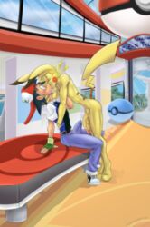 anthro backwards_baseball_cap blush bulge cheek_spots cum_stain erection eyes_closed fingerless_gloves fully_clothed gay gloves hand_on_back hand_on_chest kissing lightning_bolt male neck_grab nintendo nude nude_male penis pikachu pokemon pokemon_center precum precum_drip pubic_hair public satoshi_(pokemon) sitting skin_tight skinny skinny_male surprised trainer_(artist) vein veiny_penis vest yaoi