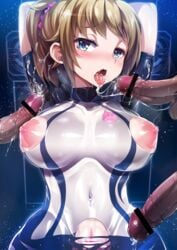 armpit_sex arms_up blue_eyes blush bodysuit breasts brown_hair bust censored crotchless_clothes cum cum_on_clothes ejaculation fellatio female gundam gundam_build_fighters gundam_build_fighters_try heart heart-shaped_pupils highres hoshino_fumina large_breasts looking_at_viewer navel nippleless_clothes nipples oral outercourse penis pubic_hair pussy sex silly_(marinkomoe) solo_focus symbol-shaped_pupils tongue tongue_out vaginal_penetration veins veiny_penis