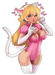 1girls animal_ears areola blonde_hair blue_eyes breasts cat_ears cat_paws cat_tail catgirl choker cleavage earrings elbow_gloves feline female female_only gloves human large_breasts leotard long_hair mario_(series) naver nekomimi nintendo nipples princess_peach rukin simple_background solo standing suto tail thighhighs voluptuous