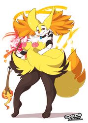 2014 braixen breasts female lionalliance necklace orange_eyes pokémon_(species) pokemon pokemon_(species) solo striped_armwear white_background