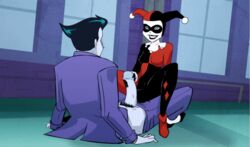 1boy 1girls animated animated_gif animated_recharger batman:_the_animated_series batman_(series) bodysuit dc dc_comics dcau faceless_male female female_on_top gif handjob harley_quinn harley_quinn_(classic) human joker male pale-skinned_male penis penis_out pubic_hair straight the_joker