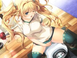 blonde_hair bloomers blue_eyes blush breasts buruma busou_shoujotai_blade_briders female game_cg gym_uniform highres hoshii_natsumi large_breasts legs long_hair looking_down masturbation min-naraken open_mouth sitting solo thighs tied_hair twintails wet wince