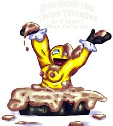 an_actual_pie black_gloves blush breasts_out charlatan_(forsaken) chubby_female epic_face epic_minigames female female_focus forsaken forsaken_(roblox) gloves meme meme_in_the_background nude_female pie qoutiesp yellow_body