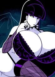 1girls 2026 artist_name ass atomickingboo bed big_ass big_breasts black-haired_female black_eyeshadow black_hair black_hair_female black_lips black_lipstick breasts breasts_bigger_than_head clothed clothed_female clothing ear_piercing ear_ring earring earrings english english_text eyeshadow female female_focus female_only fishnet fishnet_armwear fishnet_clothing fishnet_legwear fishnet_stockings fishnets huge_breasts light-skinned_female light_skin lindel_dollice_quilten lingerie lips lipstick oc original original_character partially_clothed partially_clothed_female pierced_ears piercing piercings skull_earrings solo solo_female solo_focus text the_besties_(atomickingboo) thick_thighs thighs