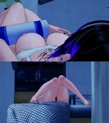 bare_legs barefoot bed breasts feet female female_masturbation female_only frostmistgg game_cg goth_gasp(game) koikatsu legs masturbation mia_williams(goth_gasp) night no_bra purple_eyes purple_hair shiny_skin solo tattoo thick_thighs thighs touching_breast