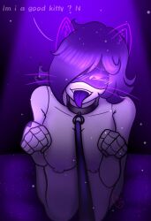 1girls breasts cat_ears cosplay darkxmoza_off female_only furry_murder_drone leash murder_drones n_(murder_drones) purple_background purple_eyes purple_hair tongue_out uzi_(murder_drones)