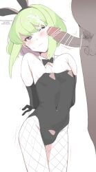 2boys androgynous anon anonymous_male blush bob_cut bulge bulge_through_clothing bunny_boy bunny_ears bunny_tail bunnysuit crossdressing dark-skinned_male embarrassed femboy femboy_focus fishnets leotard lio_fotia petite petite_body petite_male promare short_hair size_difference slim slim_male slim_waist solo_focus twink