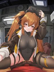 1boy 1girls :3 big_breasts blush bodysuit breasts brown_hair bulge bulge_through_clothing cameltoe closed_mouth clothing commander_(girls'_frontline) covenant_halo_(girls'_frontline_2) covered_navel covered_nipples cowgirl_position eyewear eyewear_on_head feet_out_of_frame female girls'_frontline girls'_frontline_2:_exilium goggles goggles_on_head hair_ribbon imminent_sex indoors jacket large_breasts lenna_(girls'_frontline_2) long_hair looking_at_viewer male navel nipples nipples_visible_through_clothing open_jacket orange_eyes pov samsam_s2s straddling thighhighs tight_clothing twintails ump9_(girls'_frontline)