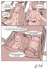 2:3 anthro antlers balls blush bodily_fluids breasts canid canine car carrie_(ombwie) choker choker_only clothing comic deer dialogue digital_media_(artwork) duo english_text exhibitionism genital_fluids genitals gynomorph hair half-erect headpat hi_res horn inside_car inside_vehicle intersex jewelry mammal necklace necklace_only nipples nude ombwie onomatopoeia penis petting smile sound_effects speech_bubble text topwear val_(ombwie) vehicle