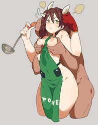 1boy :t anger_vein apron areolae between_breasts breast_grab breasts brown_hair clothes_between_breasts clothes_writing curvy emu_(eomou) faceless faceless_male female groping highres kantai_collection ladle male medium_breasts naked_apron nipples nude oven_mitts pout puffy_nipples straight sweatdrop tears tied_hair tone_(kantai_collection) twintails wide_hips yellow_eyes