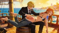 ai_animation ai_generated animated ass ass_focus blonde_hair discipline female jeans male male/female nami_(one_piece) naughty one_piece outdoors pants_down pirate punishai punishment red_hair sanji sanji_(one_piece) slapping_butt sound sound_effects spank_marks spanked_butt spanking submissive suit_jacket swimsuit tagme tattoo video