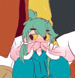 1girls 2boys double_fellatio double_handjob female hentaifb hunghang_flashbacks large_penis male partially_clothed