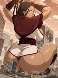 1girls ai_generated ass avatar_the_last_airbender big_ass big_breasts big_butt breasts city clothed clothed_female dark-skinned_female dark_skin female female_focus female_only fire_nation fire_nation_clothing giantess katara large_ass large_boobs large_breasts large_butt memesrus1234 nickelodeon nicktoons solo solo_female solo_focus thick_thighs thighs