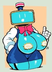 1girls antennae berryofmalice big_breasts blue_body blue_dress blue_skin bow bow_ribbon bowtie breasts breasts_out clothed clothing curvaceous curvy curvy_female curvy_figure cyan_body cyan_skin dress female female_only full_body hand_on_hip hat headwear huge_breasts humanoid large_breasts light_blue_body light_blue_skin long_sleeves looking_at_viewer massive_breasts mob_face monita_(nintendo_land) monitor monitor_head motion_lines nintendo nintendo_land no_bra official_nintendo_seal pasties pasties_with_text pointing ribbon robot robot_girl robot_humanoid screen_face screen_head shiny_breasts shiny_skin shiny_thighs solo solo_female thick_thighs thighs tv tv_head tv_screen voluptuous voluptuous_female wide_hips