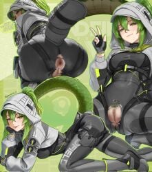 1girls :3 :p anus arknights arknights:_endfield ass back black_bodysuit black_gloves breasts covered_navel crocodile_girl crocodile_tail crocodilian dgkamikaze fingerless_gloves fluorite_(arknights:_endfield) from_behind green_eyes hi_res hoodie inset long_hair looking_at_viewer looking_back lying lying_on_stomach medium_breasts ponytail pubic_hair pussy shrug_(clothing) sidelocks smile straps tail tongue tongue_out torn_bodysuit torn_clothes two-tone_hair uncensored v