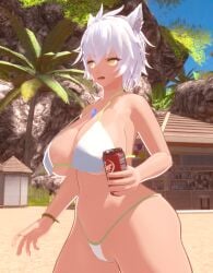 1girls 3d_(artwork) animal_ears beach big_breasts bikini breasts dark-skinned_female dark_skin dr_pepper female luminaryofages na'el_(xenoblade) nintendo soda_can solo swimsuit white_hair xenoblade_(series) xenoblade_chronicles_3 xenoblade_chronicles_3:_future_redeemed yellow_eyes