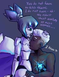 1boy1girl canon_couple cute dark-skinned_male dialogue flat_chest glowing_heart green_eyes kissing_breasts lego metal_hair ninjago p.i.x.a.l. robot robot_boy robot_girl romance white_hair white_skin white_skinned_female wholesome wonky_circuts zane_(ninjago)