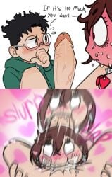 0..0 1boy 1girls all_the_way_to_the_base ayase_momo black_hair blowjob blowjob_pov blush bottomless bottomless_male bow bowtie brown_eyes brown_hair cock_worship comic cum_splatter dandadan deepthroat derp_eyes eyes_rolling_back fellatio female flushed_face glasses green_hoodie hoodie huge_cock if_it's_too_much_you_don't_(meme) massive_penis meme messy_hair motion_blur overstimulated overstimulation penis penis_out pink-chan pink_sweater plop pov_male precum shy shy_male slurp staring staring_at_penis sweat sweater takakura_ken_(okarun) thigh_grab