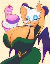 2025 2girls amy_rose beeronica big_breasts blue_eyes bodysuit breasts color digital_media_(artwork) eyelashes female_only green_eyes happy headwear huge_breasts hyper_breasts jealous kerchief lipstick looking_at_partner looking_back_at_viewer looking_pleasured patreon pose purple_clothing rouge_the_bat sega sexy_pose skirt sonic_(series) sonic_team sonic_the_hedgehog_(series) tail unzipped veronica_and_jelly wings