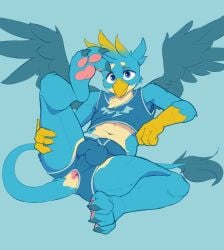 2025 3_toes 4_fingers anthro anus avian blue_background blue_body blue_eyes blue_fur blush bulge clothing crop_top detailed_bulge feathered_wings feathers feet fingers friendship_is_magic fur furgonomic_underwear furgonomics gallus_(mlp) gryphon hasbro hi_res jazzynsfw looking_at_viewer lying male midriff my_little_pony mythological_avian mythological_creature mythology navel on_back pawpads paws pink_pawpads presenting raised_leg shirt simple_background solo spread_wings tail tail_anus tail_tuft toes topwear tuft underwear wings